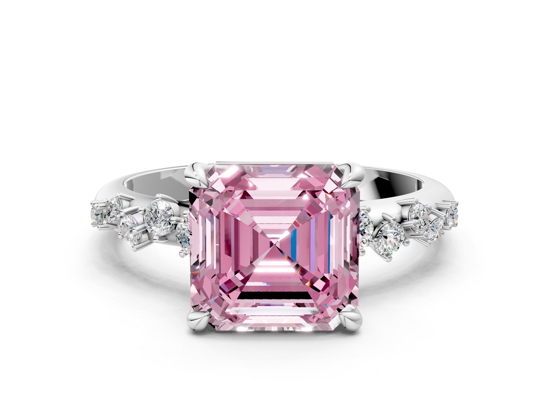 White gold Fancy Pink Asscher  Cut Diamond Vine Band with Four-Prong Setting