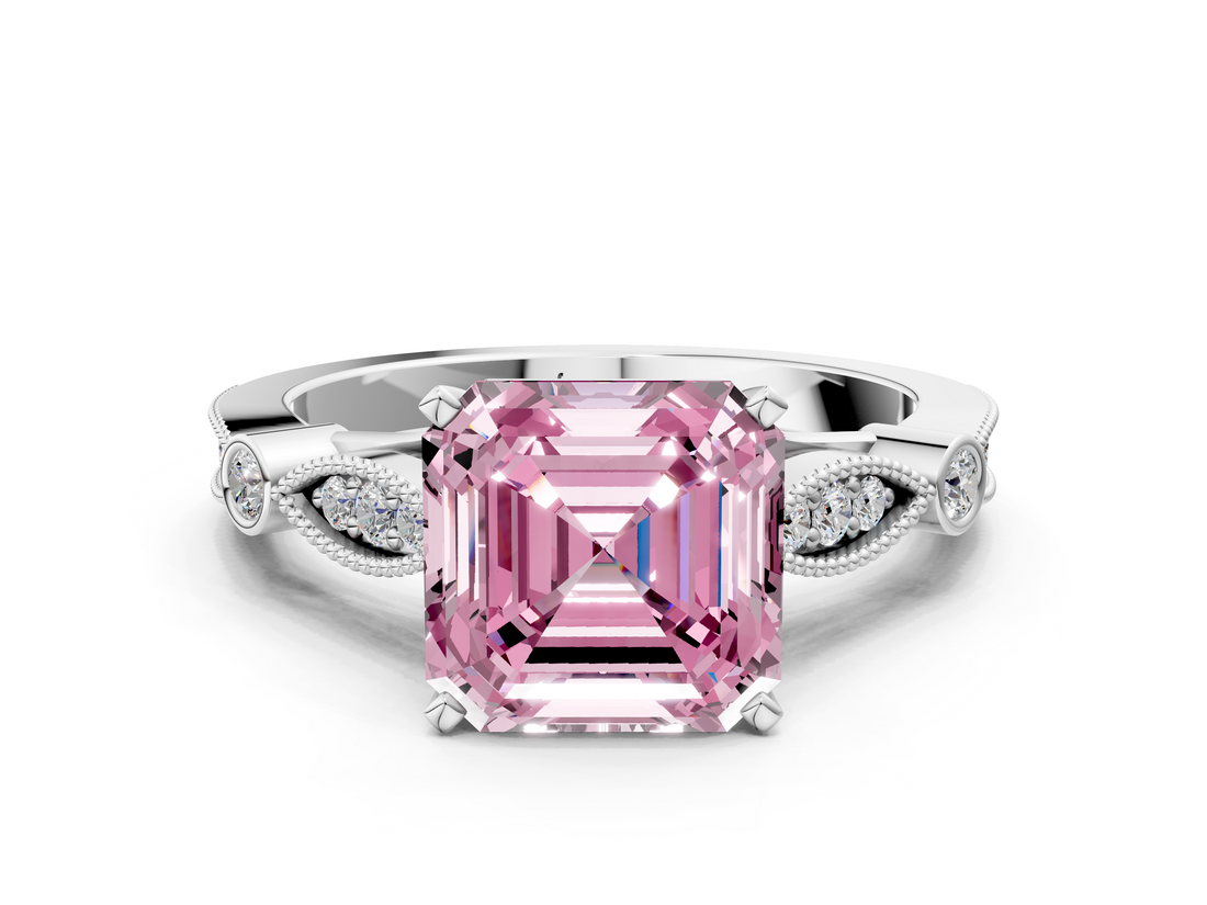 White gold Fancy Pink Asscher  Cut Diamond with Milgrain Marquise and Bezel Accents on a Solitaire Band with Prong Setting_17