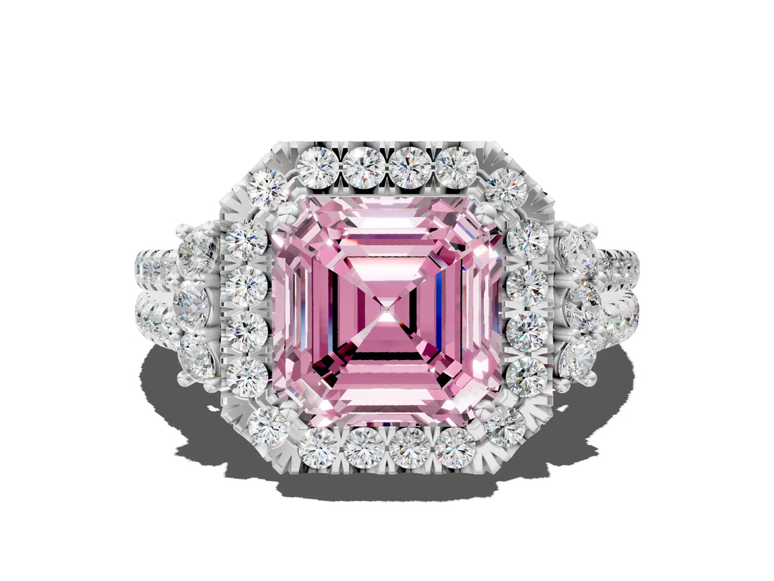 White gold Fancy Pink Asscher  Cut Double Halo Diamond Engagement Ring with Pave Band and Four-Prong Setting_36