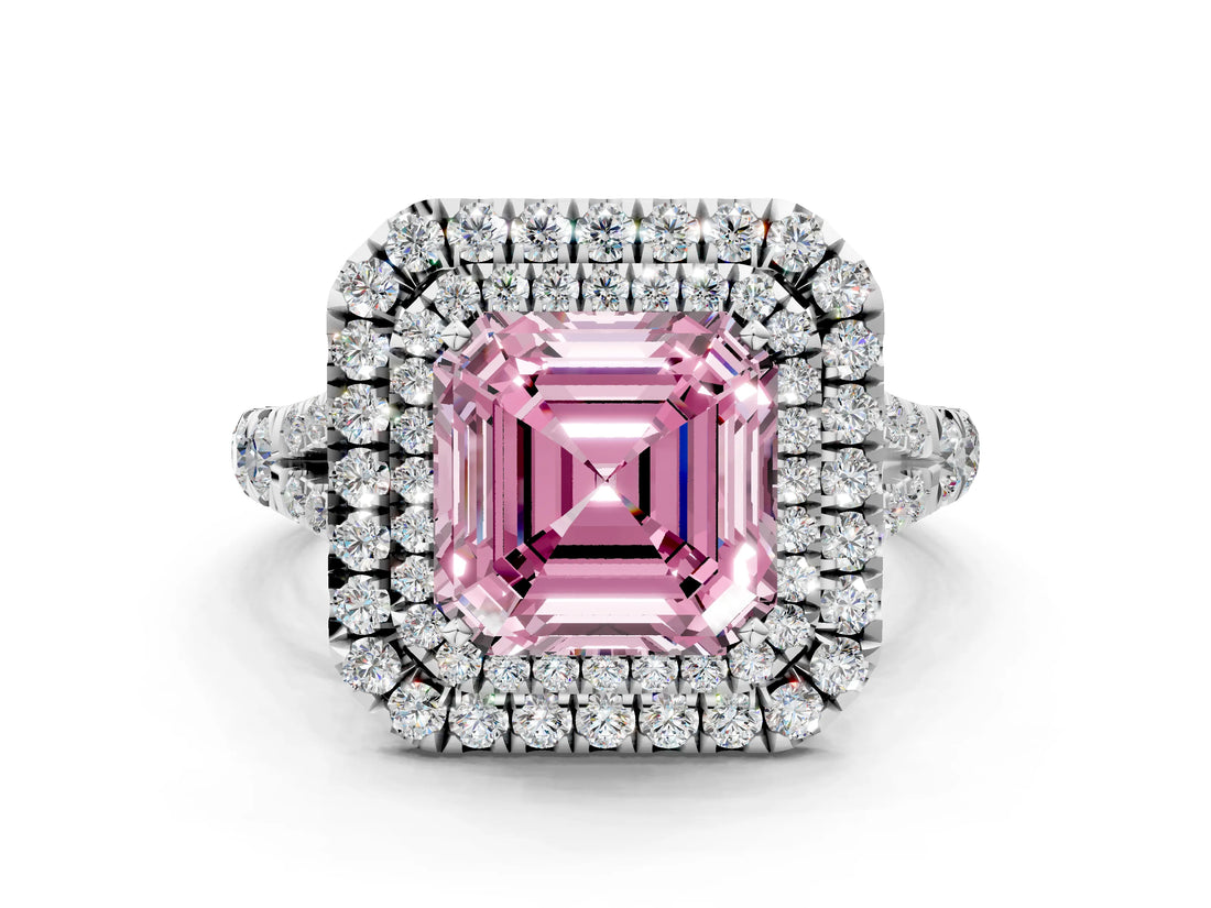 White gold Fancy Pink Asscher  Cut Double Halo Split Shank Diamond Ring with Prong Setting_64