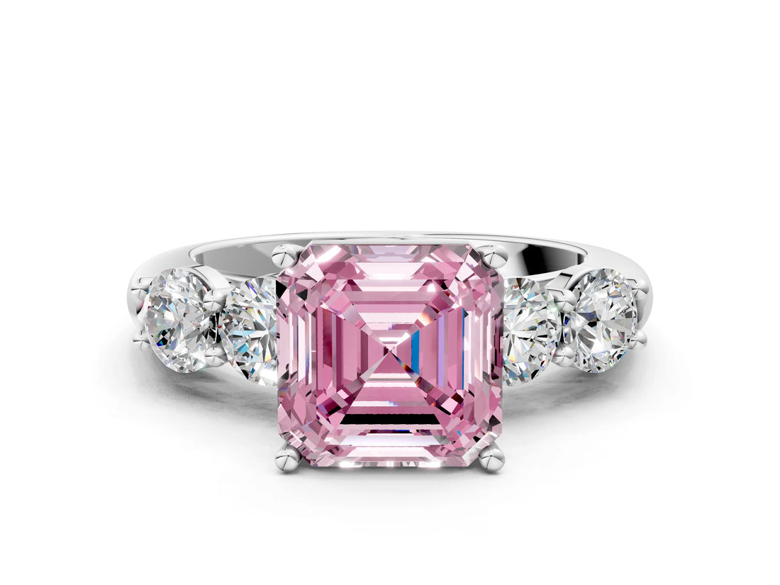 White gold Fancy Pink Asscher  Cut Five-Stone Prong Set Diamond Ring with Classic Band_77