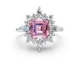 White gold Fancy Pink Asscher Cut Halo Diamond Cluster Ring with Marquise and Round Stones on a White Gold Band with Prong Setting
