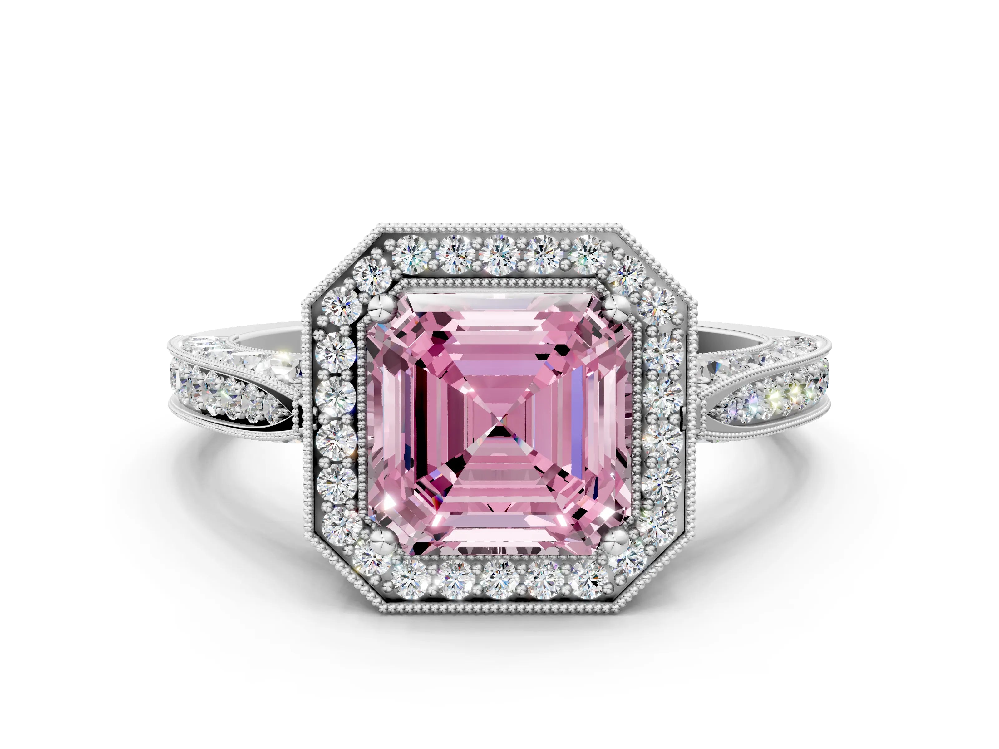 White gold Fancy Pink Asscher Cut Halo Diamond Engagement Ring with Split Shank Band and Four-Prong Setting_12