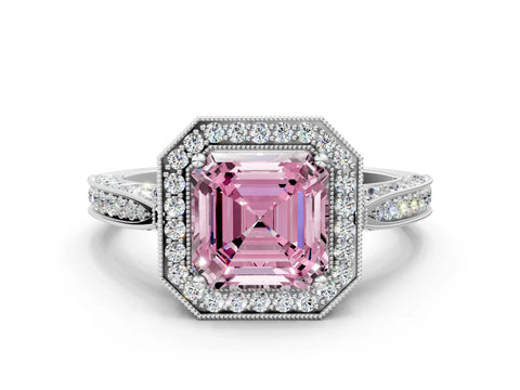 White gold Fancy Pink Asscher Cut Halo Diamond Engagement Ring with Split Shank Band and Four-Prong Setting_12