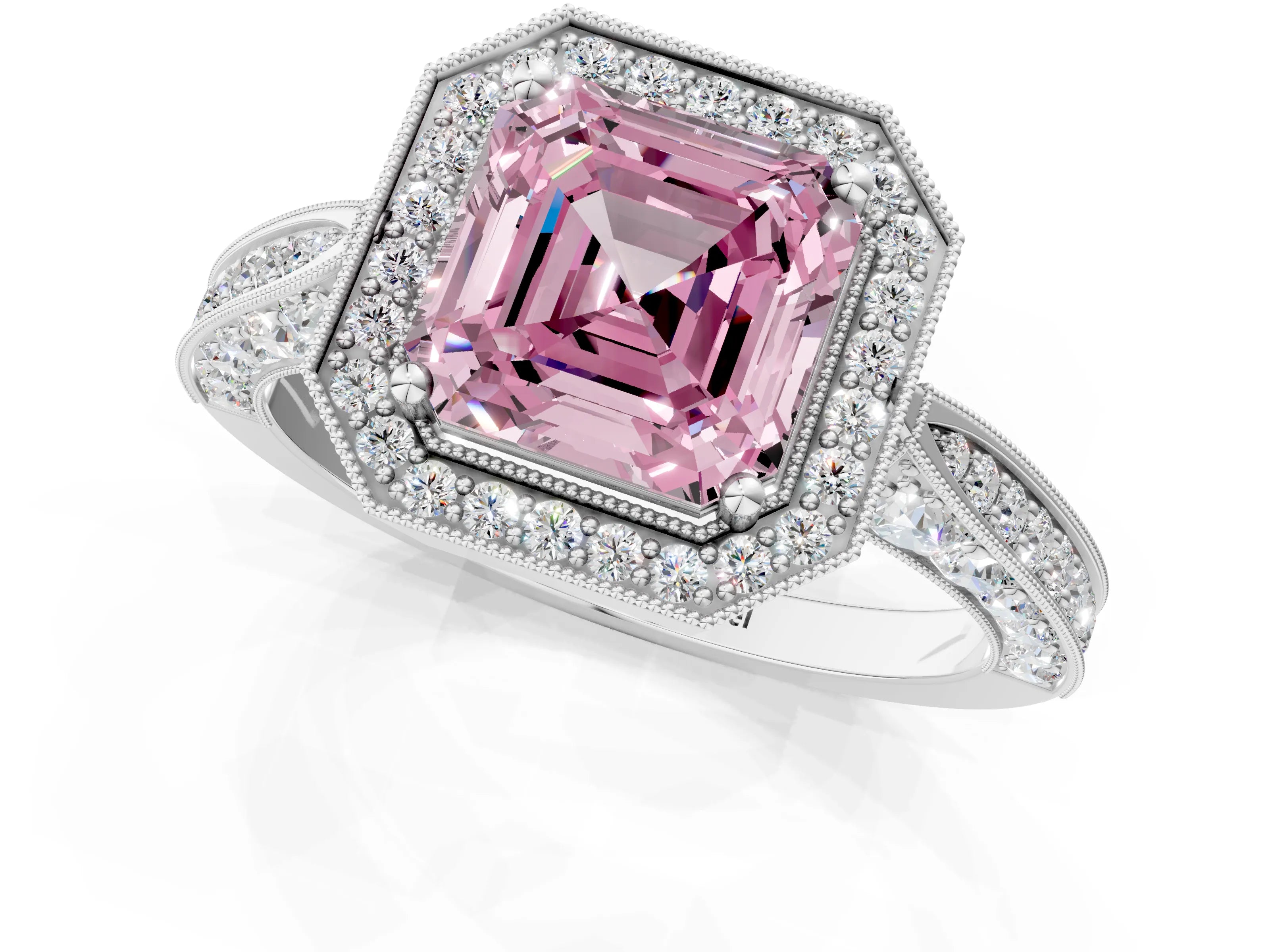 White gold Fancy Pink Asscher Cut Halo Diamond Engagement Ring with Split Shank Band and Four-Prong Setting_13
