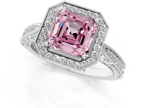 White gold Fancy Pink Asscher Cut Halo Diamond Engagement Ring with Split Shank Band and Four-Prong Setting_13