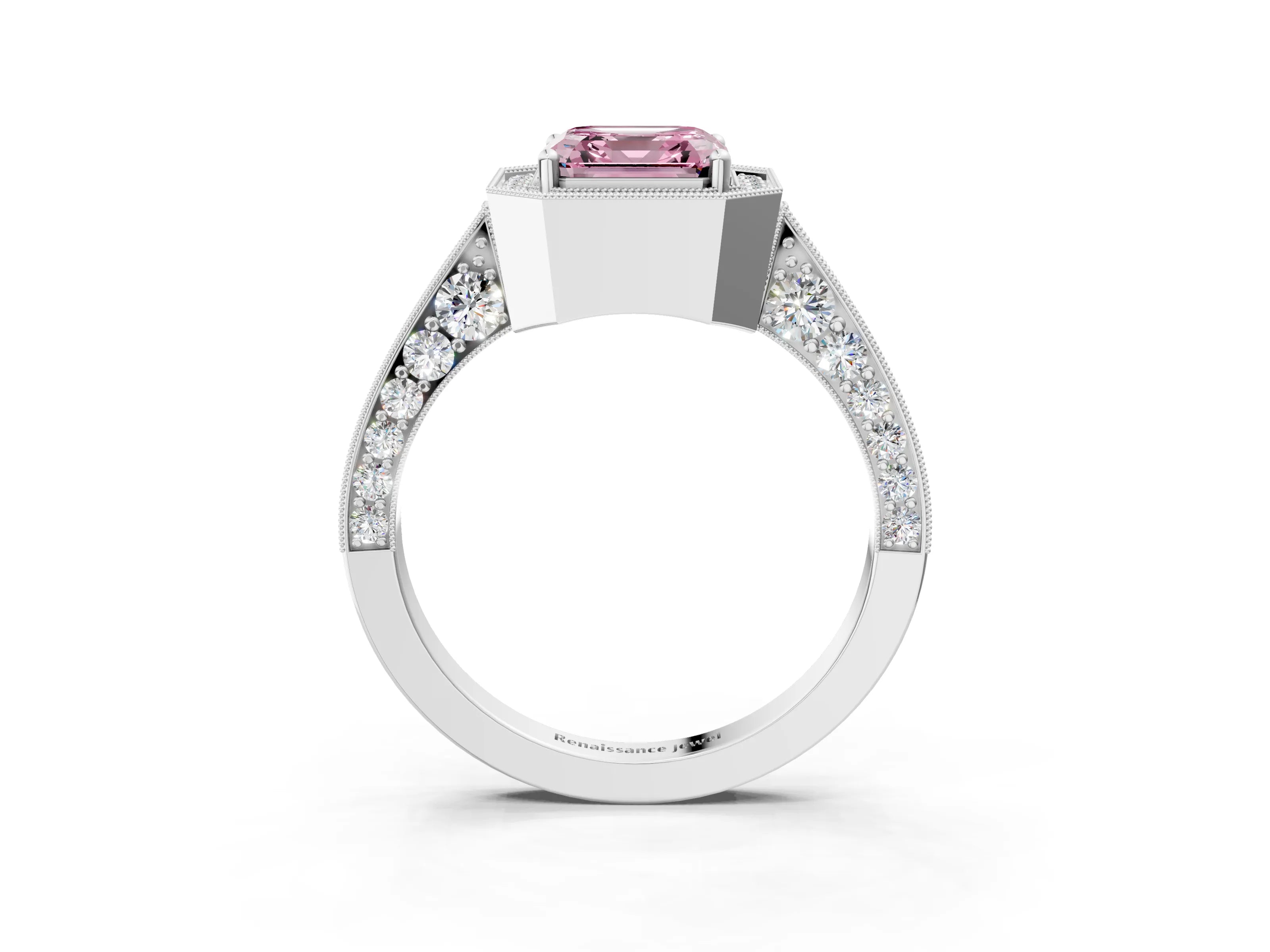 White gold Fancy Pink Asscher Cut Halo Diamond Engagement Ring with Split Shank Band and Four-Prong Setting_15