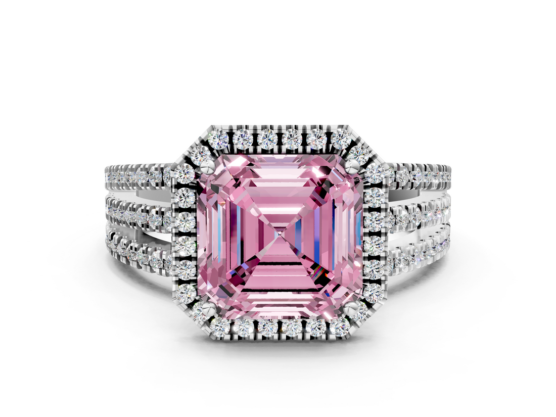 White gold Fancy Pink Asscher  Cut Halo Diamond Engagement Ring with Split Shank and Four-Prong Setting_49