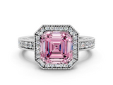 White gold Fancy Pink Asscher  Cut Halo Diamond Pave Band Ring with Four-Prong Setting