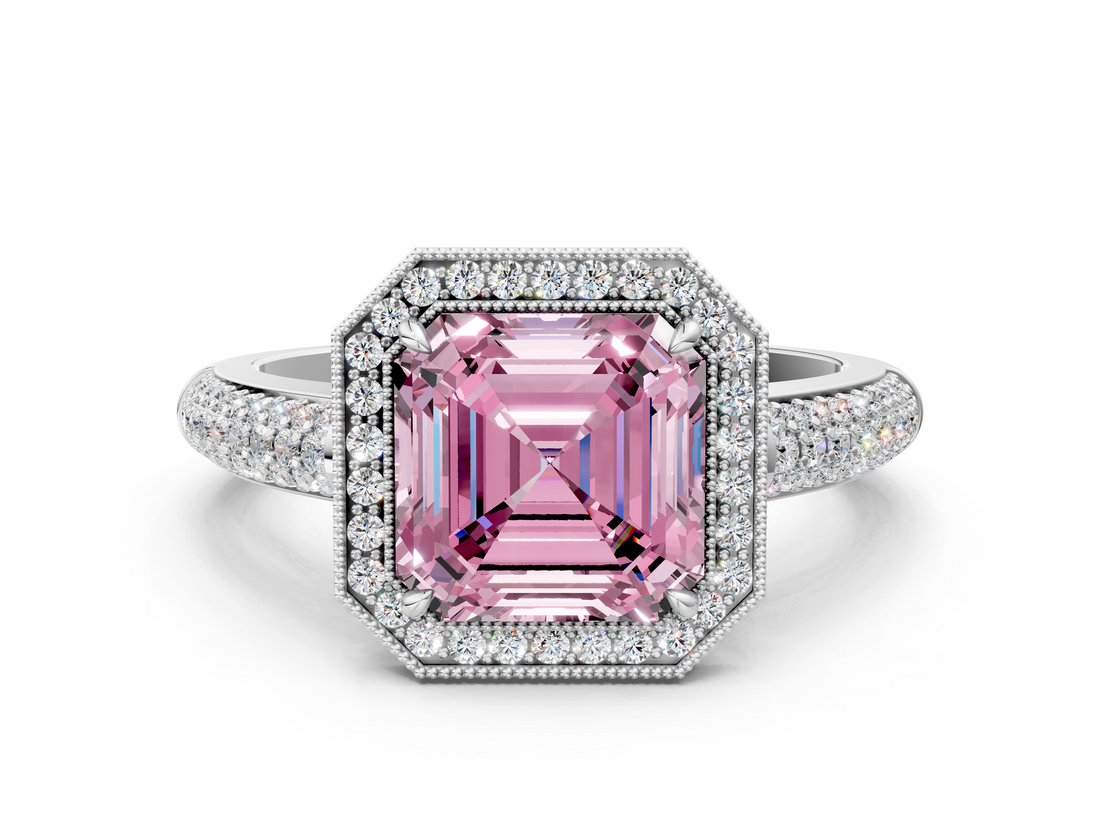 White gold Fancy Pink Asscher  Cut Halo Diamond Pave Band with Four-Prong Setting_17