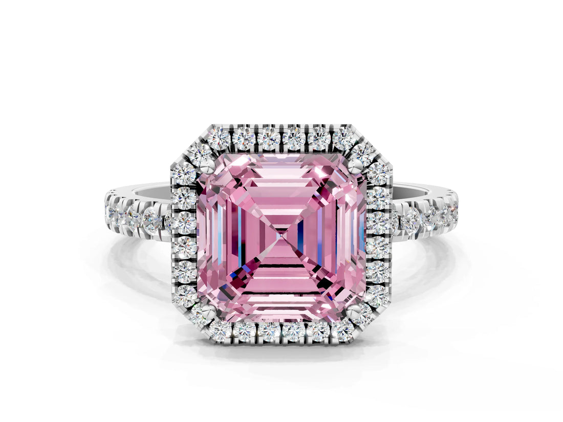 White gold Fancy Pink Asscher Cut Halo Diamond Pave Band with Prong Setting