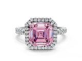 White gold Fancy Pink Asscher Cut Halo Diamond Pave Band with Prong Setting