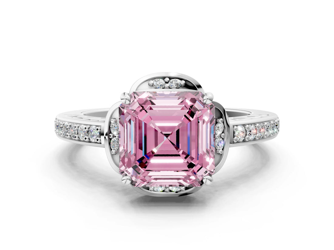 White gold Fancy Pink Asscher  Cut Halo Diamond Ring with Channel Set Band and Four-Prong Setting_46