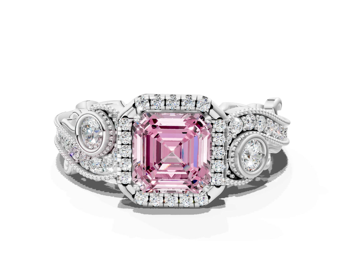 White gold Fancy Pink Asscher Cut Halo Diamond Ring with Milgrain and Bezel Accents on a Split Shank Band_12