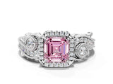 White gold Fancy Pink Asscher Cut Halo Diamond Ring with Milgrain and Bezel Accents on a Split Shank Band_12