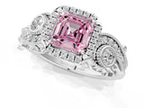 White gold Fancy Pink Asscher Cut Halo Diamond Ring with Milgrain and Bezel Accents on a Split Shank Band_13