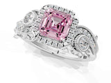 White gold Fancy Pink Asscher Cut Halo Diamond Ring with Milgrain and Bezel Accents on a Split Shank Band_13