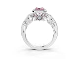 White gold Fancy Pink Asscher Cut Halo Diamond Ring with Milgrain and Bezel Accents on a Split Shank Band_15