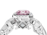 White gold Fancy Pink Asscher Cut Halo Diamond Ring with Milgrain and Bezel Accents on a Split Shank Band_16