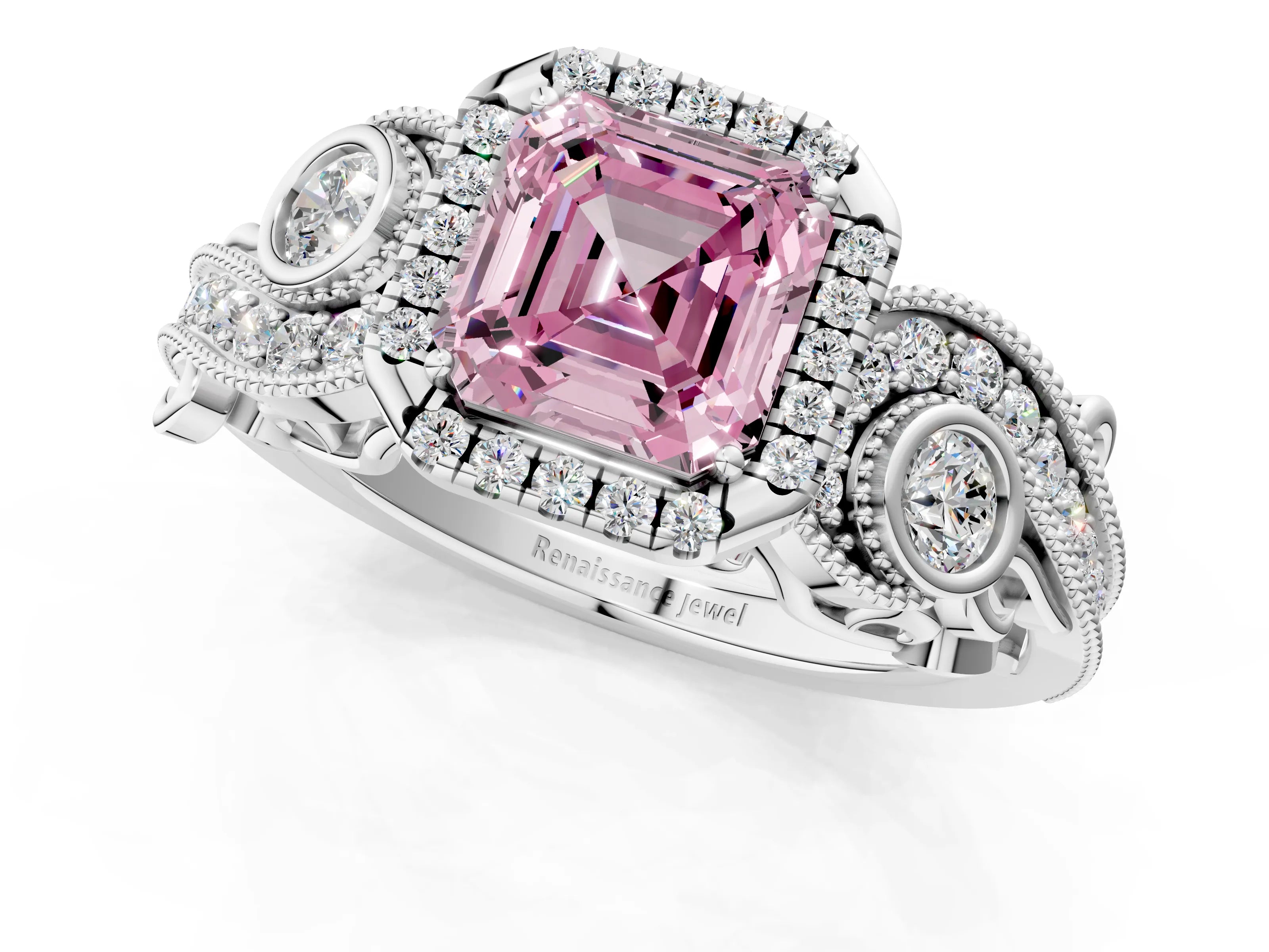 White gold Fancy Pink Asscher Cut Halo Diamond Ring with Milgrain and Bezel Accents on a Split Shank Band_1