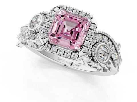White gold Fancy Pink Asscher Cut Halo Diamond Ring with Milgrain and Bezel Accents on a Split Shank Band_1