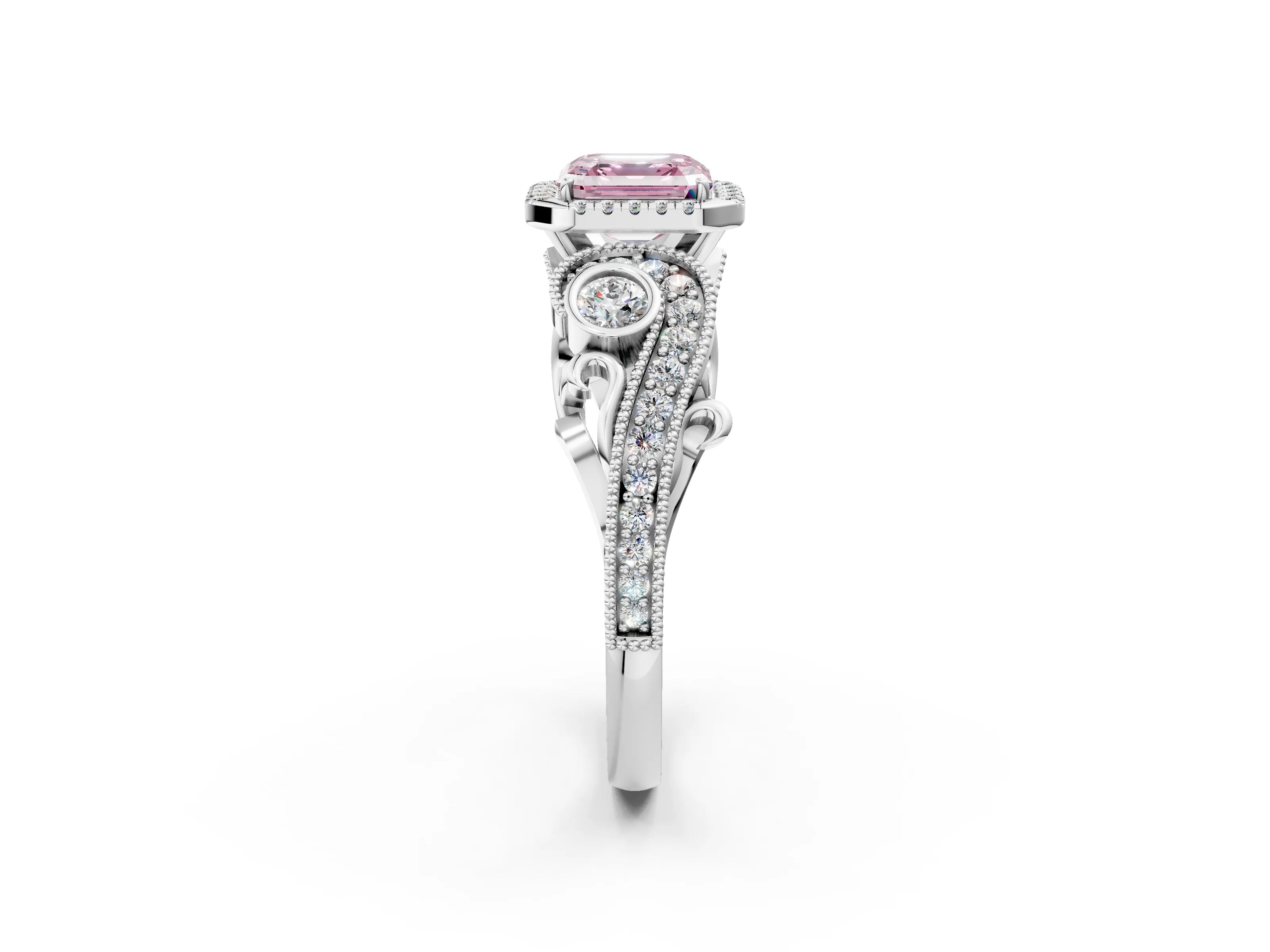 White gold Fancy Pink Asscher Cut Halo Diamond Ring with Milgrain and Bezel Accents on a Split Shank Band_2