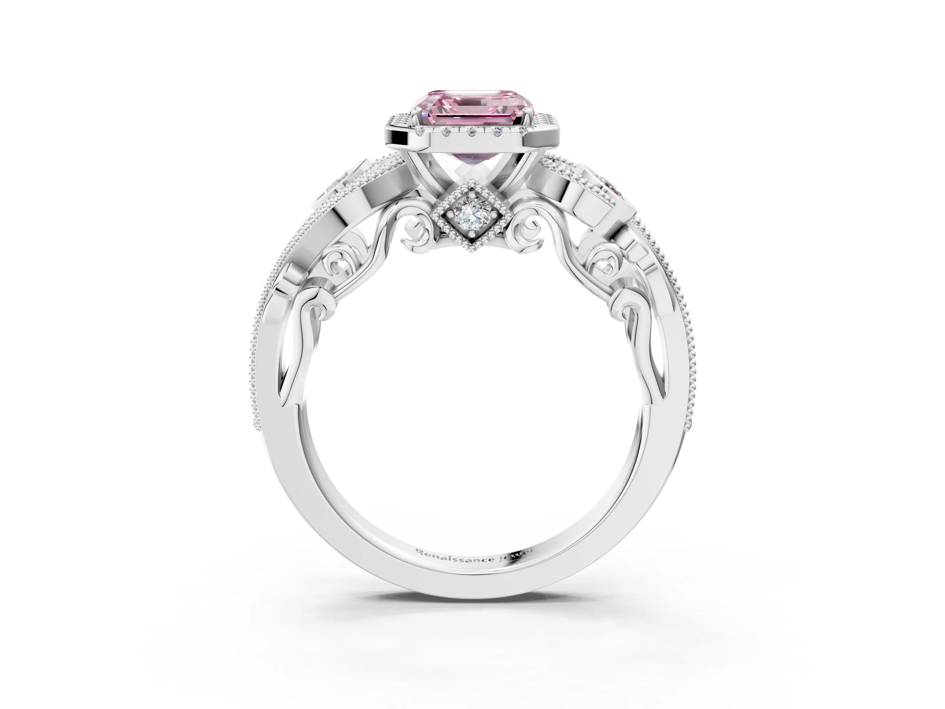 White gold Fancy Pink Asscher Cut Halo Diamond Ring with Milgrain and Bezel Accents on a Split Shank Band_3