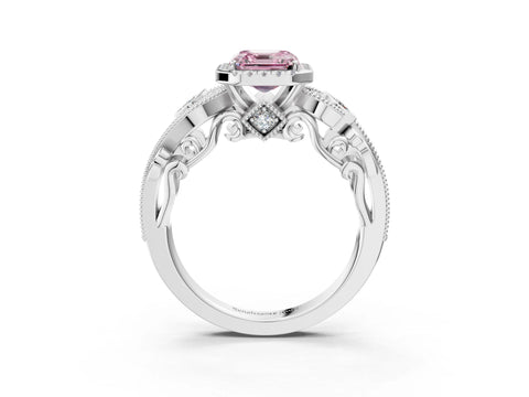White gold Fancy Pink Asscher Cut Halo Diamond Ring with Milgrain and Bezel Accents on a Split Shank Band_3