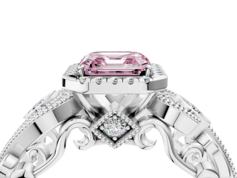 White gold Fancy Pink Asscher Cut Halo Diamond Ring with Milgrain and Bezel Accents on a Split Shank Band_4