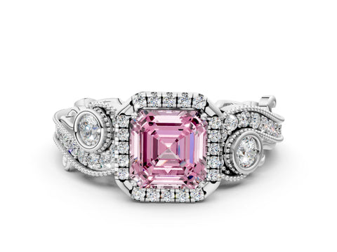 White gold Fancy Pink Asscher Cut Halo Diamond Ring with Milgrain and Bezel Accents on a Split Shank Band