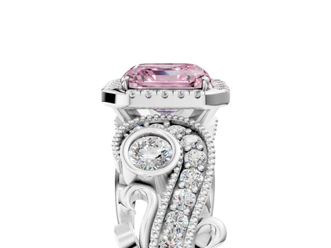 White gold Fancy Pink Asscher Cut Halo Diamond Ring with Milgrain and Bezel Accents on a Split Shank Band_5