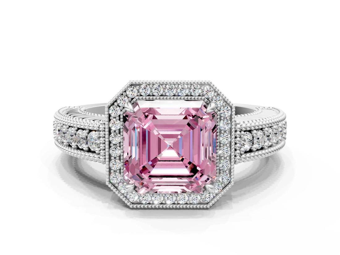 White gold Fancy Pink Asscher  Cut Halo Diamond Ring with Pavé Band and Four-Prong Setting_29