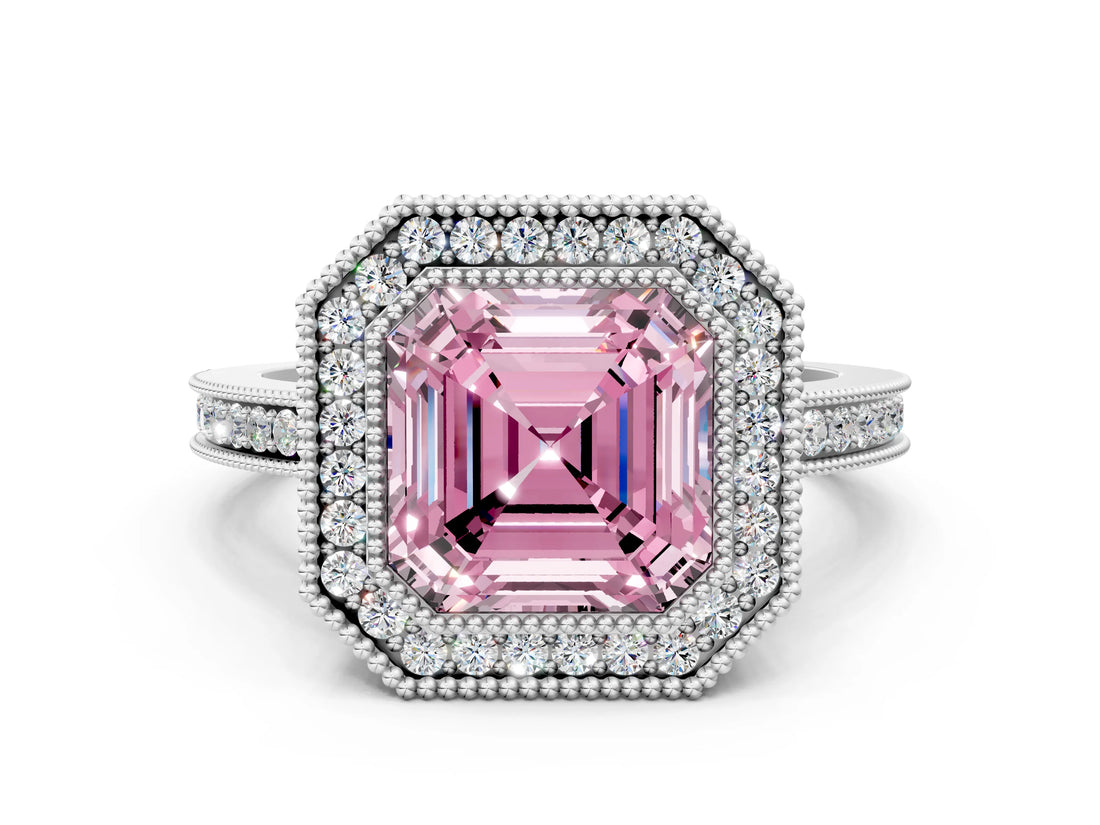 White gold Fancy Pink Asscher  Cut Halo Diamond Ring with Pavé Band and Milgrain Prong Setting_48