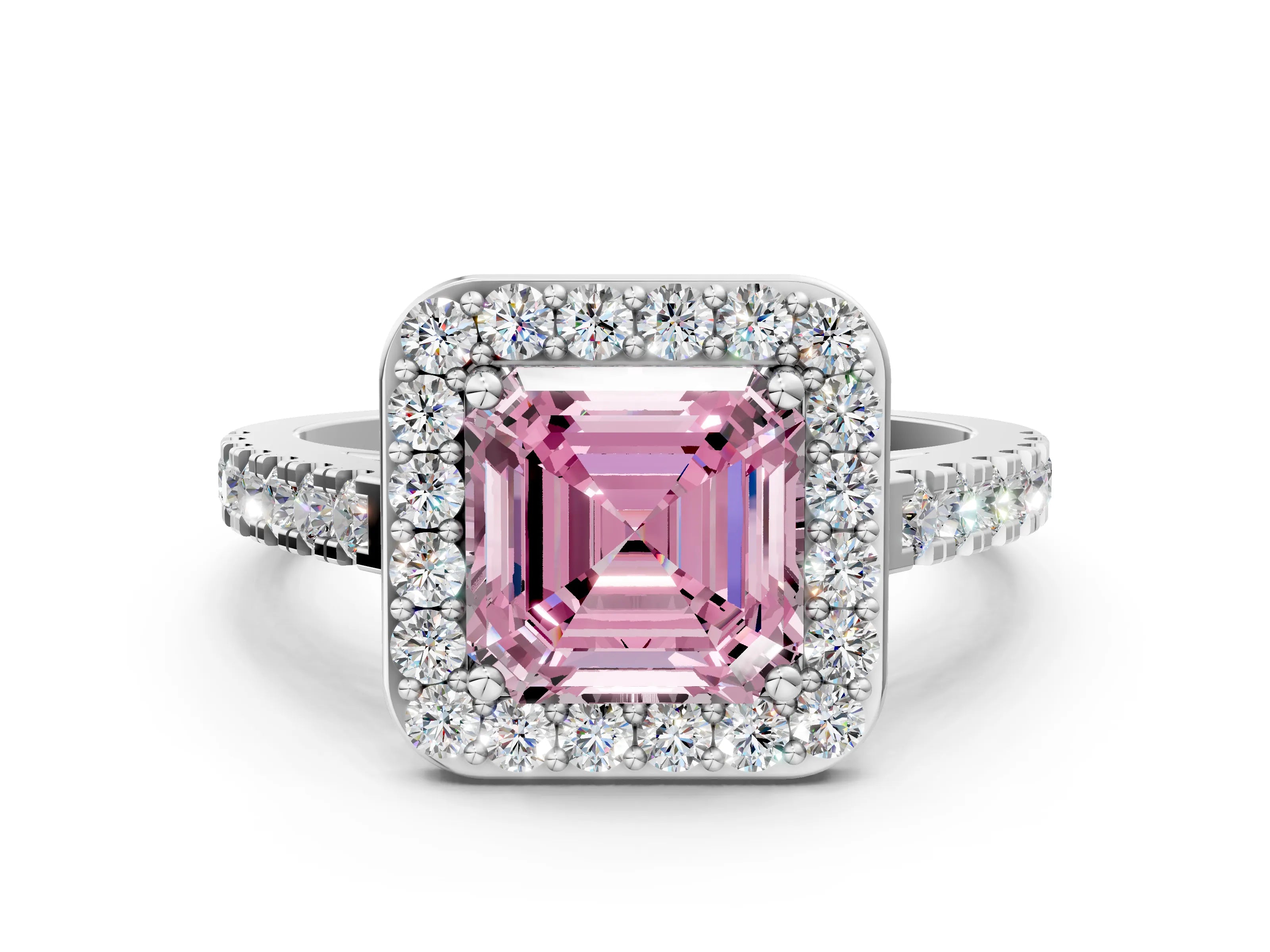White gold Fancy Pink Asscher Cut Halo Diamond Ring with Pavé Band and Three-Prong Setting