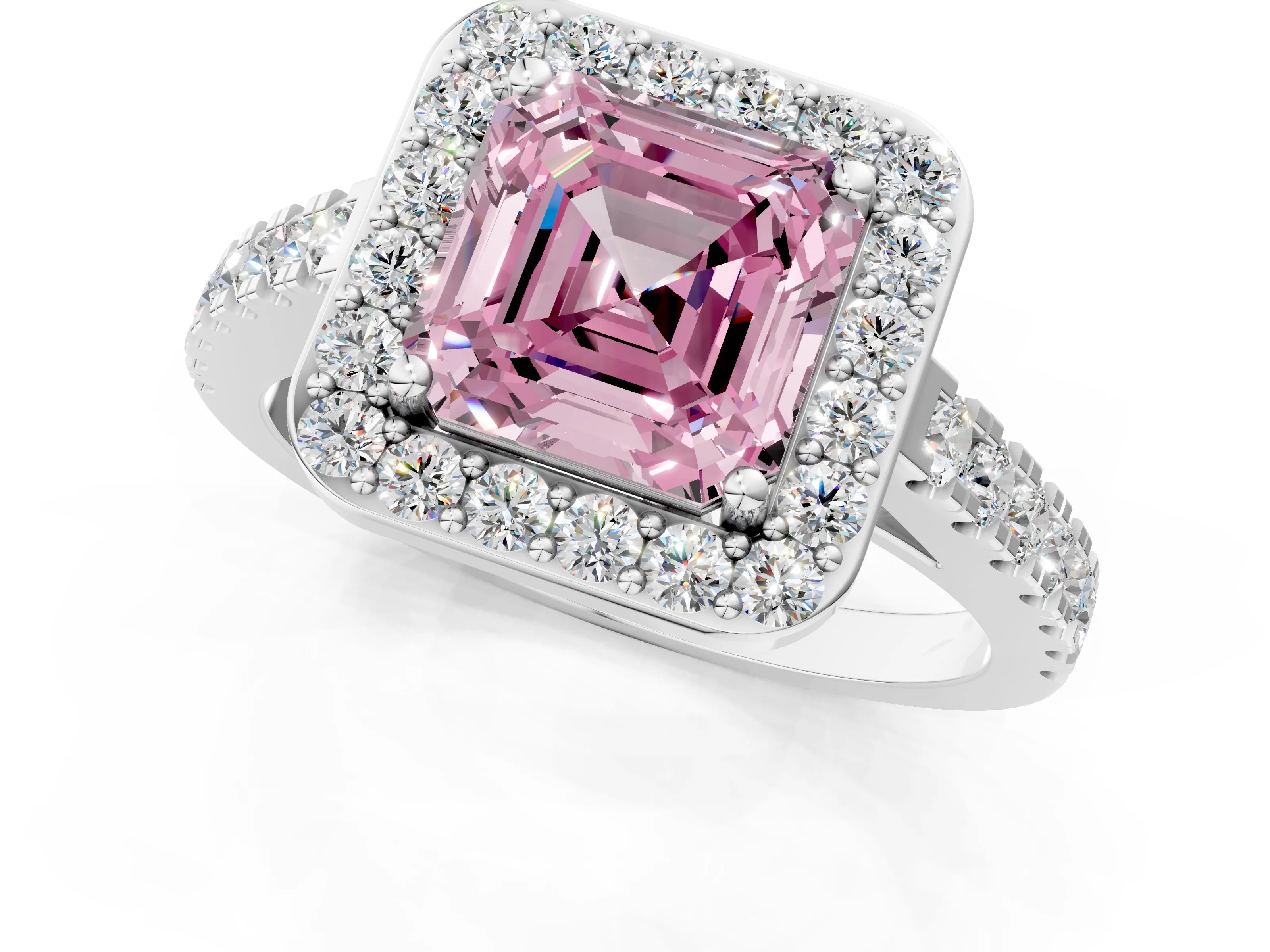 White gold Fancy Pink Asscher Cut Halo Diamond Ring with Pavé Band and Three-Prong Setting_1