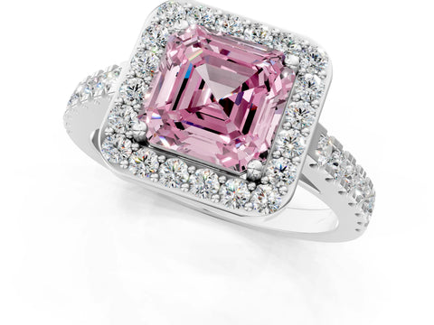 White gold Fancy Pink Asscher Cut Halo Diamond Ring with Pavé Band and Three-Prong Setting_1