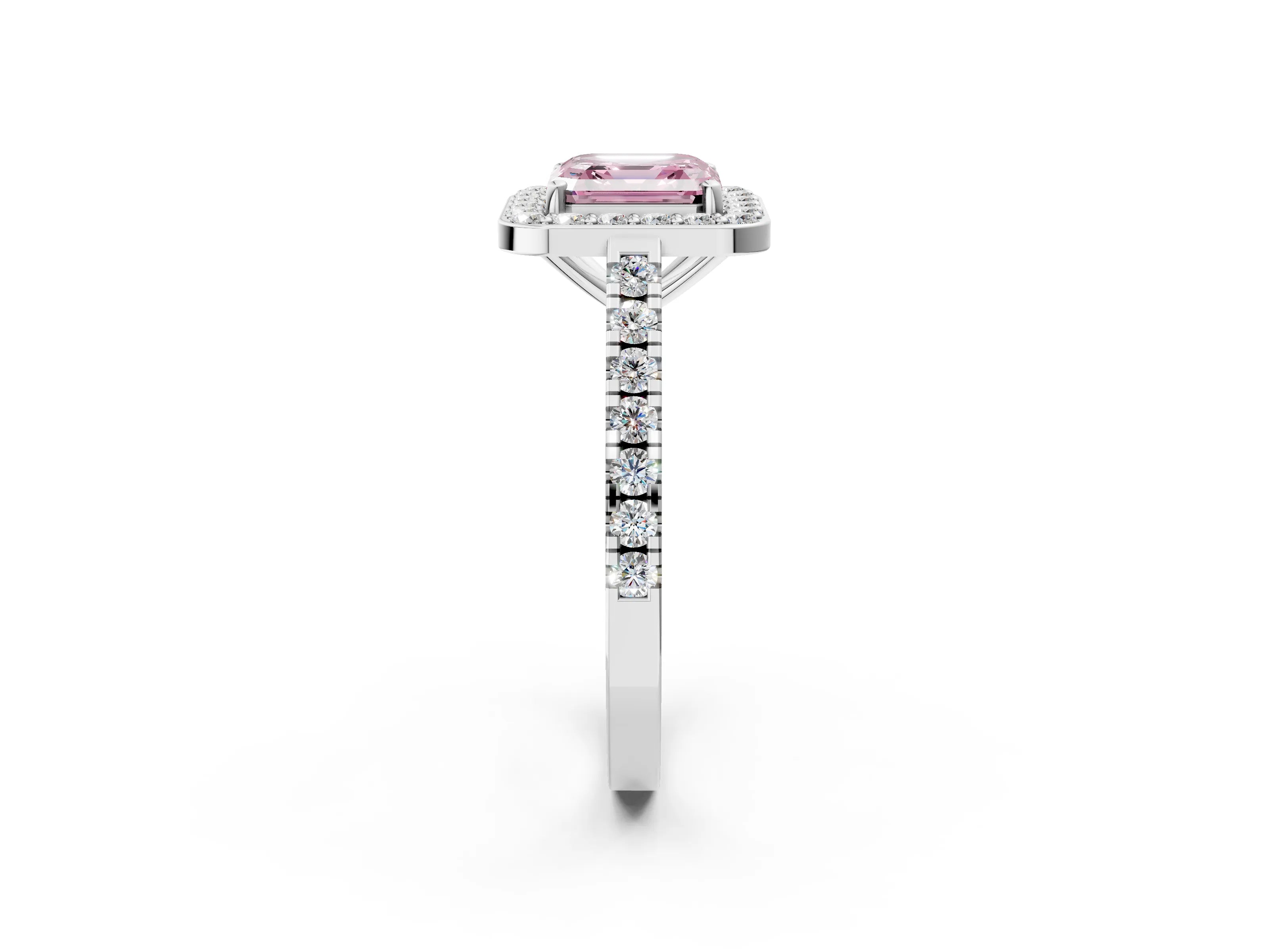 White gold Fancy Pink Asscher Cut Halo Diamond Ring with Pavé Band and Three-Prong Setting_2
