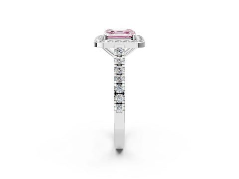 White gold Fancy Pink Asscher Cut Halo Diamond Ring with Pavé Band and Three-Prong Setting_2