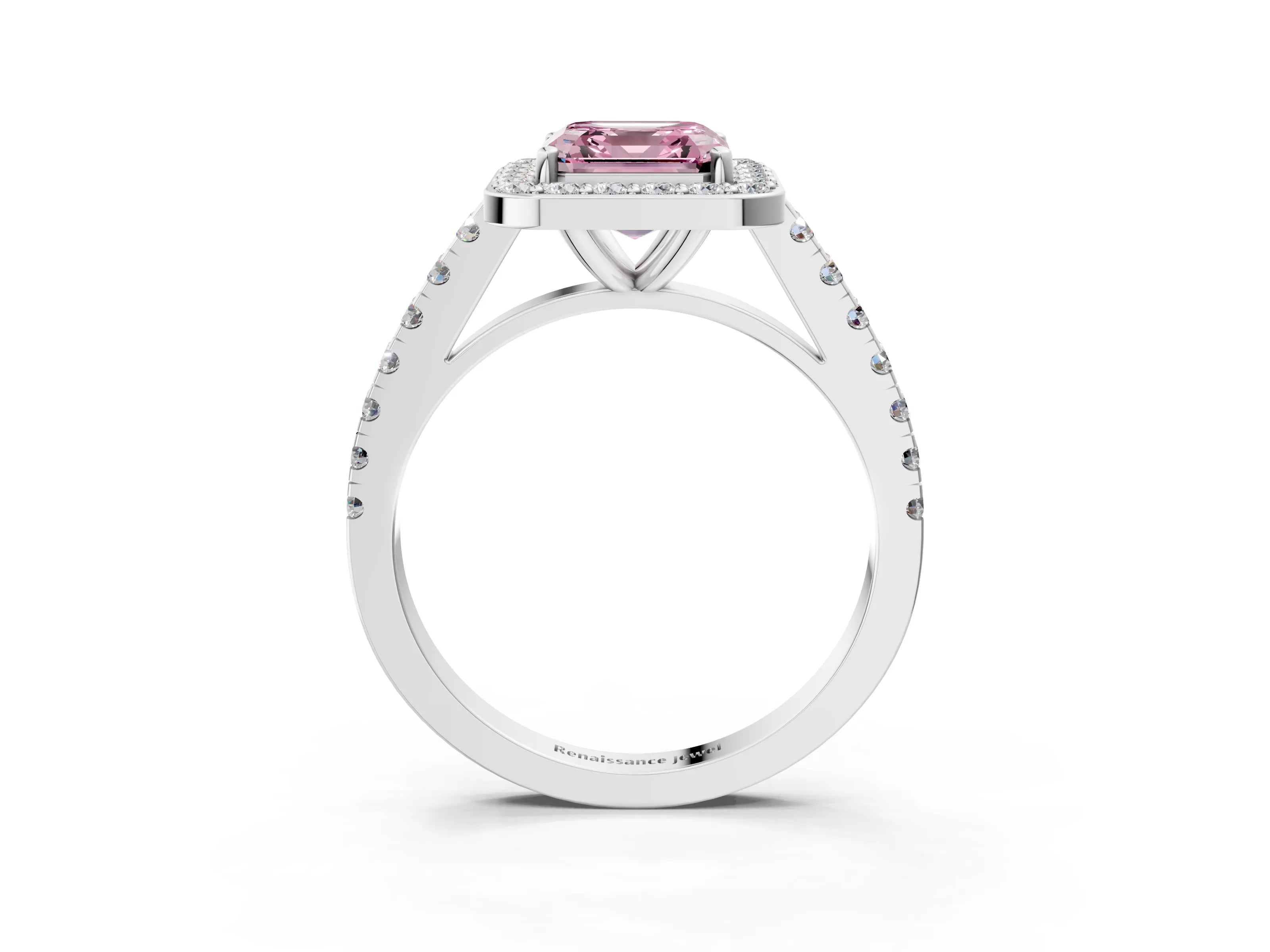 White gold Fancy Pink Asscher Cut Halo Diamond Ring with Pavé Band and Three-Prong Setting_3