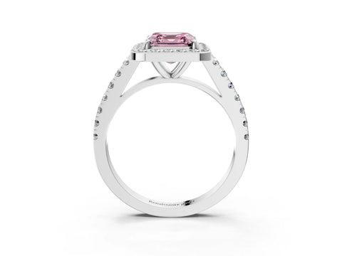 White gold Fancy Pink Asscher Cut Halo Diamond Ring with Pavé Band and Three-Prong Setting_3