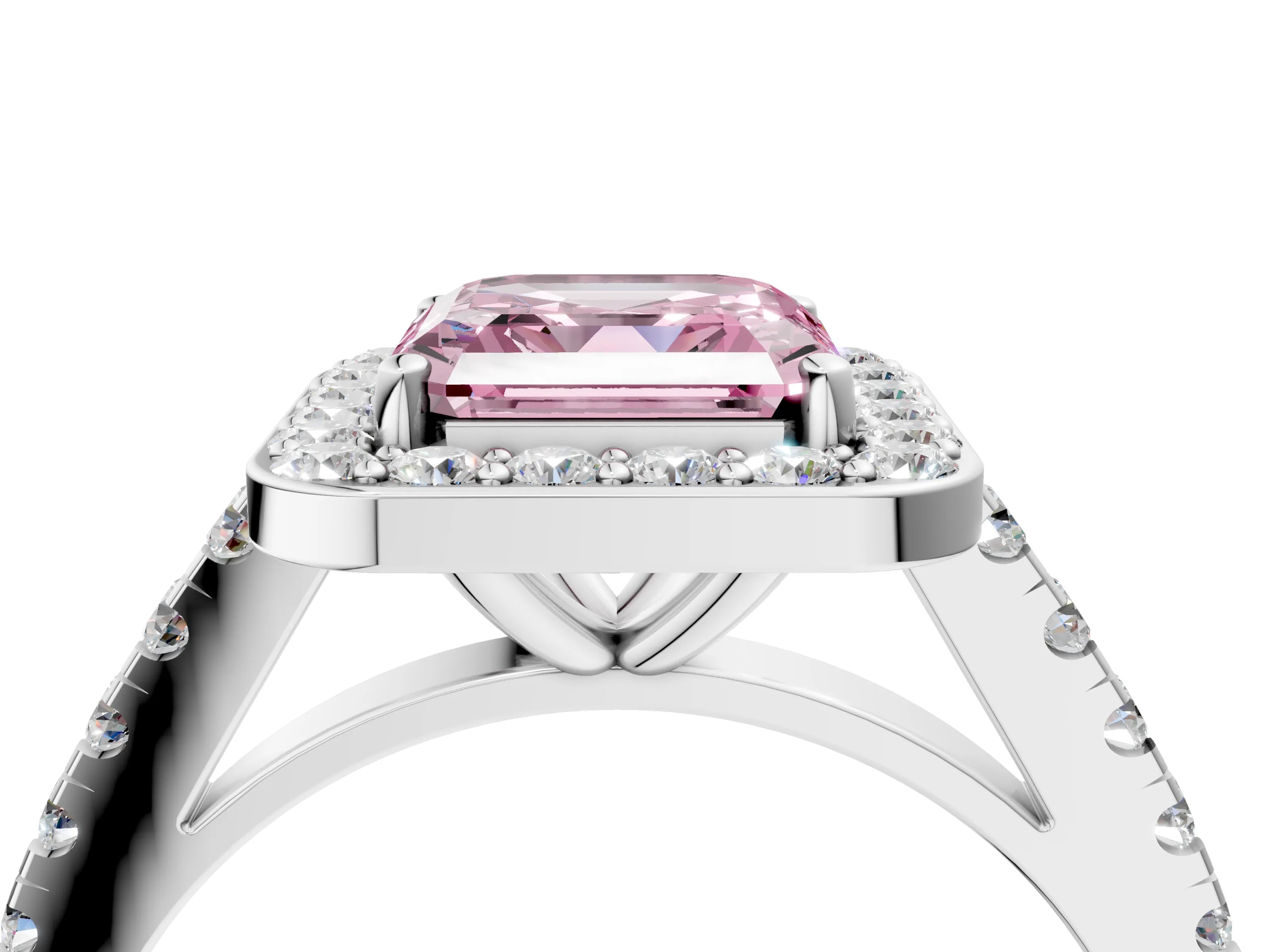 White gold Fancy Pink Asscher Cut Halo Diamond Ring with Pavé Band and Three-Prong Setting_4