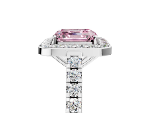White gold Fancy Pink Asscher Cut Halo Diamond Ring with Pavé Band and Three-Prong Setting_5