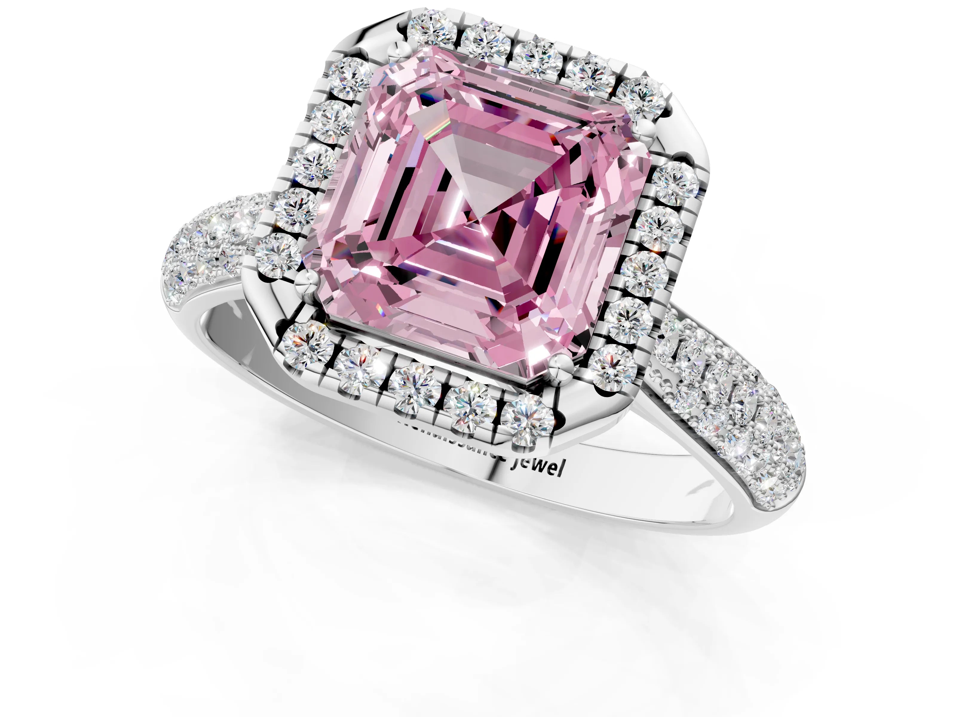 White gold Fancy Pink Asscher Cut Halo Diamond Ring with Pavé Band_1