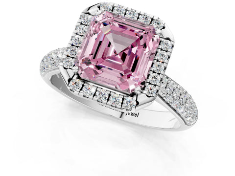 White gold Fancy Pink Asscher Cut Halo Diamond Ring with Pavé Band_1