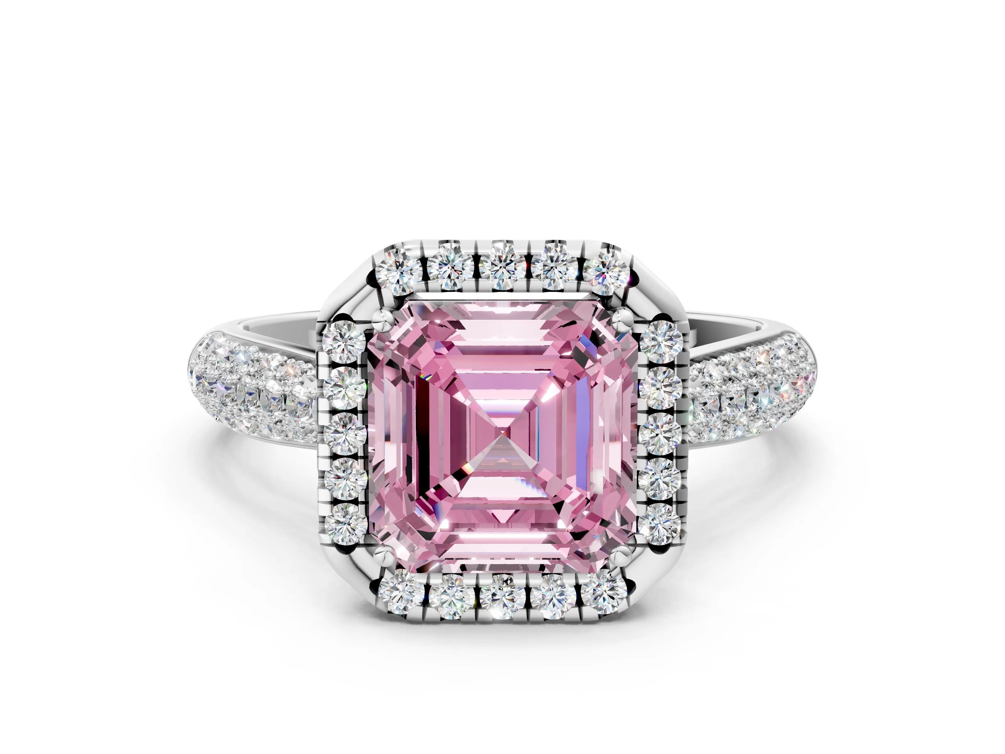White gold Fancy Pink Asscher Cut Halo Diamond Ring with Pavé Band_24