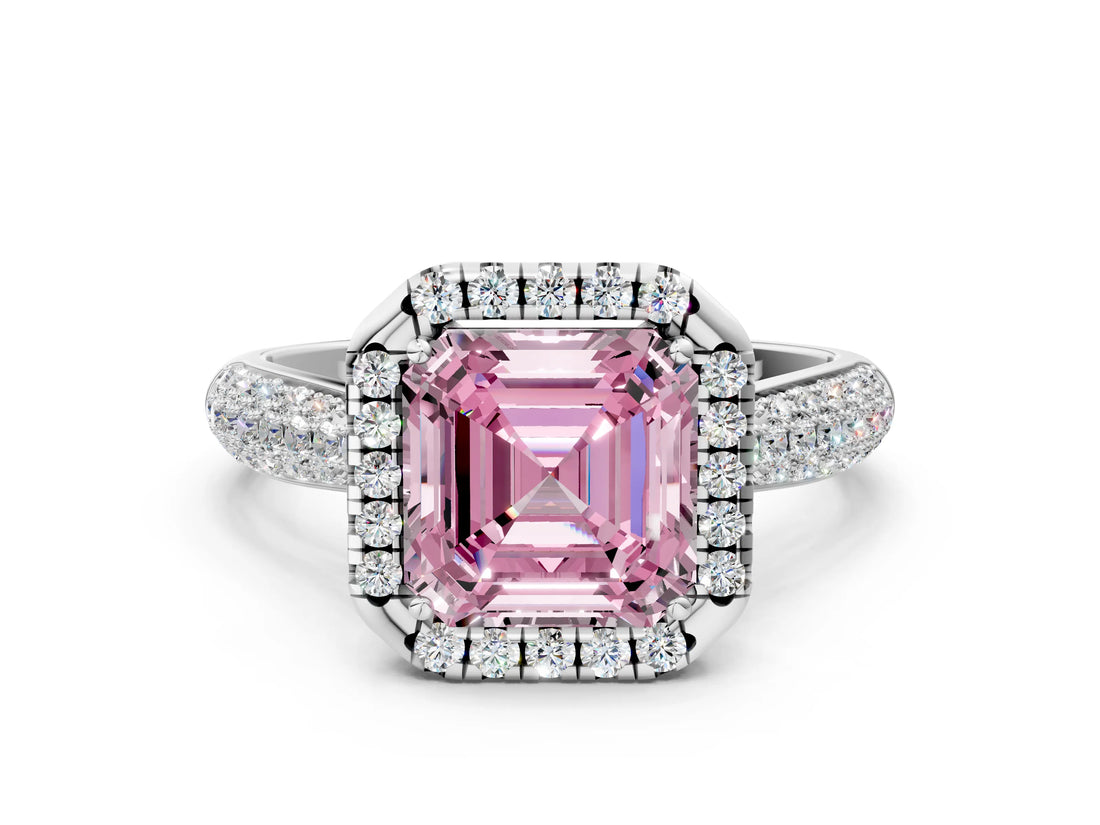 White gold Fancy Pink Asscher Cut Halo Diamond Ring with Pavé Band_24