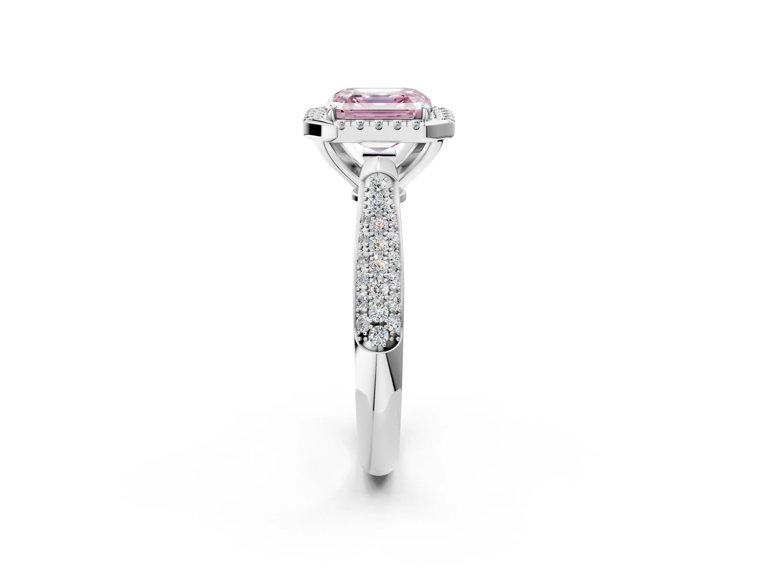 White gold Fancy Pink Asscher Cut Halo Diamond Ring with Pavé Band_2