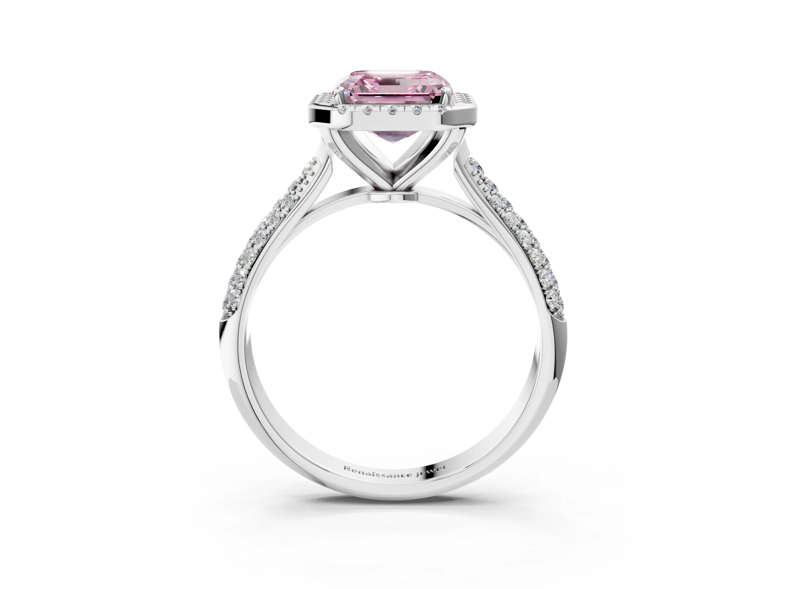 White gold Fancy Pink Asscher Cut Halo Diamond Ring with Pavé Band_3