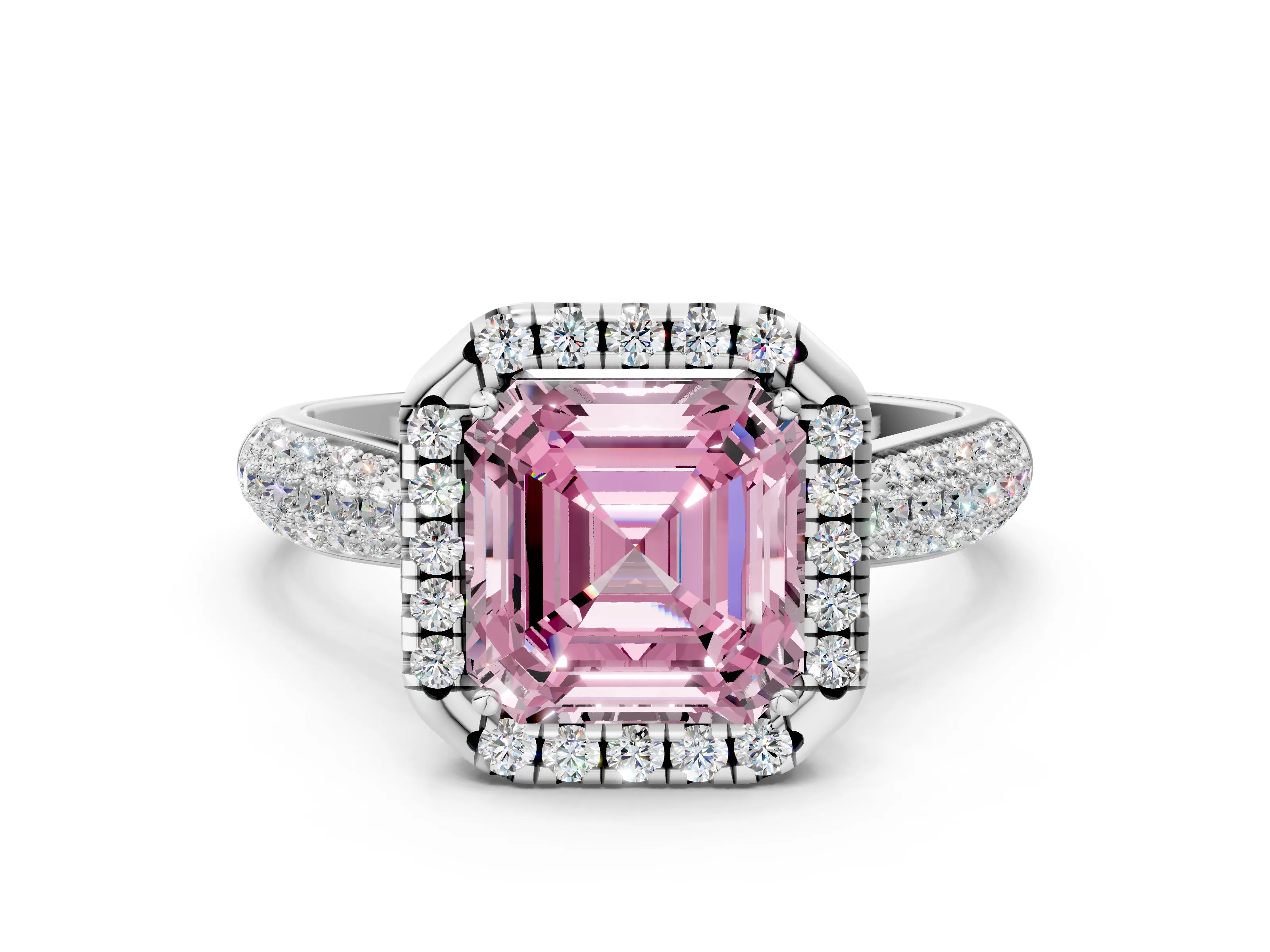 White gold Fancy Pink Asscher Cut Halo Diamond Ring with Pavé Band