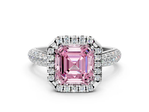 White gold Fancy Pink Asscher Cut Halo Diamond Ring with Pavé Band